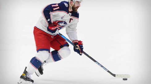 Mar 6, 2021; Dallas, Texas, USA; Columbus Blue Jackets left wing Nick Foligno (71) in action during the game between the Dallas Stars and the Columbus Blue Jackets at the American Airlines Center.