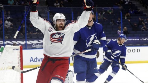  Columbus Blue Jackets defenseman David Savard (58) celebrates after scoring a goal against the Tampa Bay Lightning during the second period at Amalie Arena. 