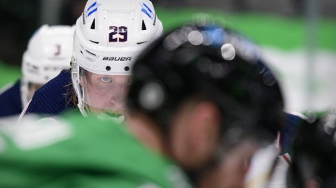 Columbus Blue Jackets right wing Patrik Laine (29) waits for the face-off during the third period against the Dallas Stars at the American Airlines Center.