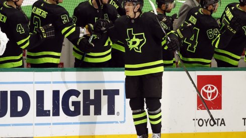 Dallas Stars right wing Denis Gurianov (34) is congratulated after scoring a goal in the second period against the Columbus Blue Jackets at American Airlines Center.