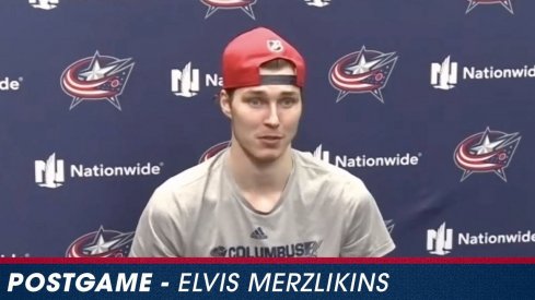 Elvis Merzlikins speaks postgame after the Blue Jackets' loss to the Lightning on Thursday night.