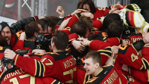 Avangard Omsk celebrates after winning the KHL's Gagarin Cup