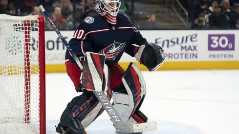 Feb 28, 2020; Columbus, Ohio, USA; Columbus Blue Jackets goaltender Matiss Kivlenieks (80) tends net against the Minnesota Wild during the third period at Nationwide Arena.