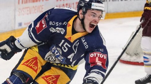 Gregory Hofmann celebrates a goal in the Swiss National League playoffs