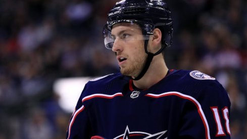 Columbus Blue Jackets center Pierre-Luc Dubois (18) scores a goal on a deflection past Tampa Bay Lightning goaltender Andrei Vasilevskiy (88) as Lightning defenseman Ryan McDonagh (27) defends in the first period in game one of the first round of the 2020 Stanley Cup Playoffs at Scotiabank Arena.