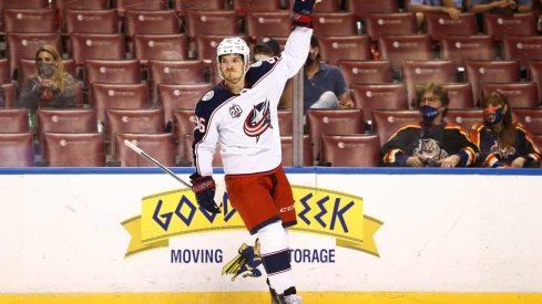 Apr 20, 2021; Sunrise, Florida, USA; Columbus Blue Jackets center Jack Roslovic (96) celebrates after scoring against the Florida Panthers during the first period at BB&T Center.