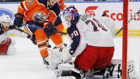 Ryan Nugent-Hopkins puts a shot just wide of Joonas Korpisalo