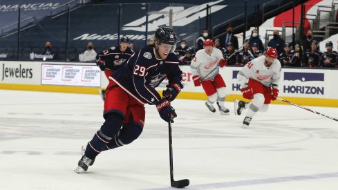 Mar 2, 2021; Columbus, Ohio, USA; Columbus Blue Jackets right wing Patrik Laine (29) moves the puck against the Detroit Red Wings during the first period at Nationwide Arena.