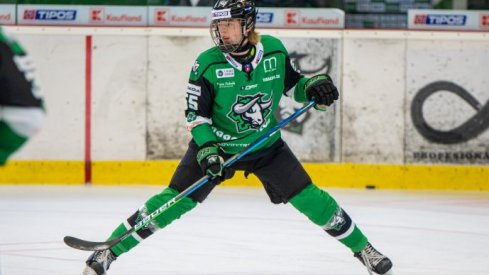 Brandt Clarke waits for the puck to drop as he skates in the Slovakian league.