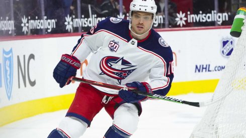 Mar 20, 2021; Raleigh, North Carolina, USA; Columbus Blue Jackets center Max Domi (16) skates against the Carolina Hurricanes at PNC Arena.