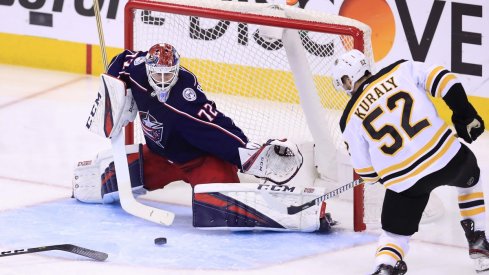 Sergei Bobrovsky makes a save against Boston Bruins center Sean Kuraly during game six of the second round of the 2019 Stanley Cup Playoffs