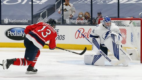 Andrei Vasilevskiy makes a save against Cam Atkinson