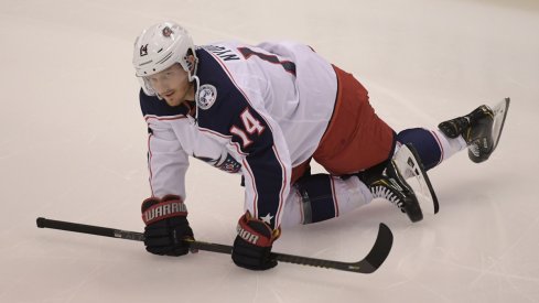 Gustav Nyquist stretches before the Blue Jackets game against the Tampa Bay Lightning in game one of the first round of the 2020 Stanley Cup Playoffs