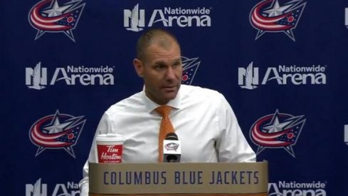 Columbus Blue Jackets head coach Brad Larsen addresses the media at Nationwide Arena.