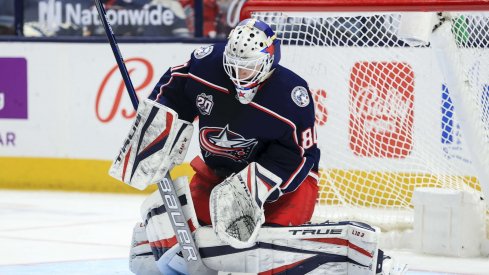 May 8, 2021; Columbus, Ohio, USA; Columbus Blue Jackets goaltender Matiss Kivlenieks (80) makes a save in net against the Detroit Red Wings in the second period at Nationwide Arena.