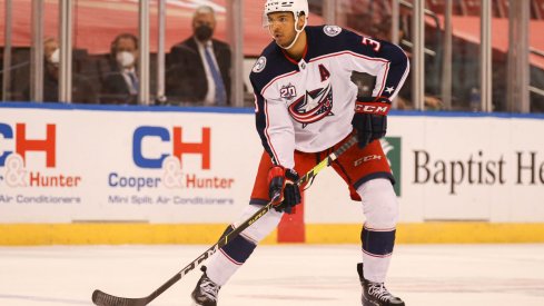 Apr 3, 2021; Sunrise, Florida, USA; Columbus Blue Jackets defenseman Seth Jones (3) controls the puck against the Florida Panthers during the first period at BB&T Center.