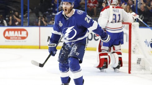 Jun 30, 2021; Tampa, Florida, USA; Tampa Bay Lightning center Blake Coleman (20) celebrates after scoring a goal past Montreal Canadiens goaltender Carey Price (31) during the second period in game two of the 2021 Stanley Cup Final at Amalie Arena.