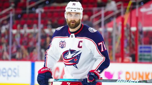 Mar 18, 2021; Raleigh, North Carolina, USA; Columbus Blue Jackets left wing Nick Foligno (71) looks on against the Carolina Hurricanes at PNC Arena.