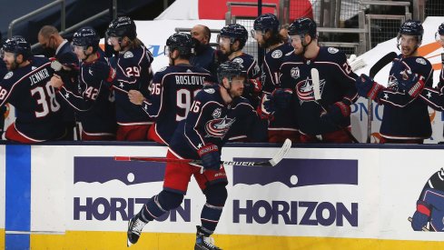 Feb 18, 2021; Columbus, Ohio, USA; Columbus Blue Jackets center Max Domi (16) celebrates a goal against the Nashville Predators during the second period at Nationwide Arena.