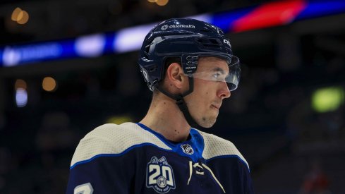 May 7, 2021; Columbus, Ohio, USA; Columbus Blue Jackets defenseman Gavin Bayreuther (7) waits for the face-off against the Detroit Red Wings in the first period at Nationwide Arena.