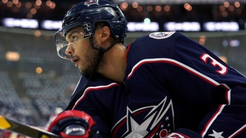 Columbus Blue Jackets defenseman Seth Jones (3) skates during warmups prior to the game against the Carolina Hurricanes at Nationwide Arena.