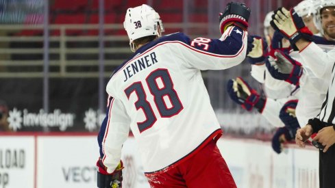 Feb 15, 2021; Raleigh, North Carolina, USA; Columbus Blue Jackets center Boone Jenner (38) celebrates his second period goal against the Carolina Hurricanes at PNC Arena.