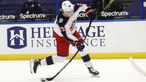 Apr 1, 2021; Tampa, Florida, USA; Columbus Blue Jackets right wing Patrik Laine (29) shoots against the Tampa Bay Lightning during the second period at Amalie Arena.