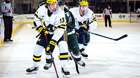 Kent Johnson skates with the puck against Michigan State