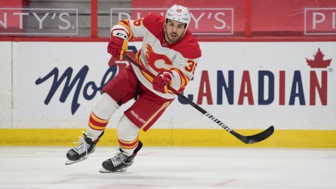 Mar 24, 2021; Ottawa, Ontario, CAN; Calgary Flames center Zac Rinaldo (36) moves the puck during the second period against the Ottawa Senators at the Canadian Tire Centre.