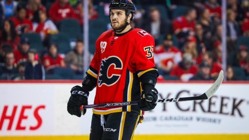 Mar 8, 2020; Calgary, Alberta, CAN; Calgary Flames center Zac Rinaldo (36) against the Vegas Golden Knights during the first period at Scotiabank Saddledome.
