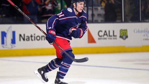 Apr 5, 2018; Columbus, OH, USA; Columbus Blue Jackets left wing Matt Calvert (11) reacts to scoring a goal against the Pittsburgh Penguins in the first period at Nationwide Arena.