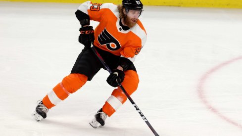 Feb 28, 2021; Buffalo, New York, USA; Philadelphia Flyers right wing Jakub Voracek (93) skates with the puck against the Buffalo Sabres during the second period at KeyBank Center.