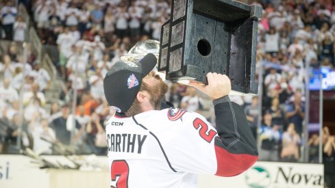 Steve McCarthy celebrates winning the Calder Cup with the Lake Erie Monsters.