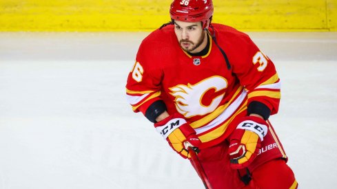 Mar 7, 2021; Calgary, Alberta, CAN; Calgary Flames left wing Zac Rinaldo (36) skates during the warmup period against the Ottawa Senators at Scotiabank Saddledome.