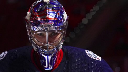 May 1, 2021; Raleigh, North Carolina, USA; Columbus Blue Jackets goaltender Elvis Merzlikins (90) gets ready for the start of the third period against the Carolina Hurricanes at PNC Arena.