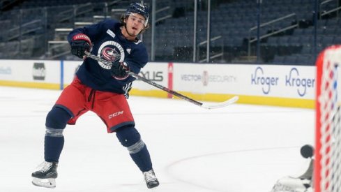 Cole Sillinger shoots at Blue Jackets training camp