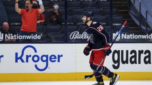 Apr 27, 2021; Columbus, Ohio, USA; Columbus Blue Jackets right wing Oliver Bjorkstrand (28) reacts to scoring the game deciding goal in the shootout against the Detroit Red Wings Nationwide Arena.