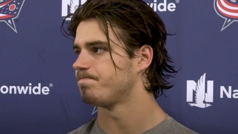 Columbus Blue Jackets forward Cole Sillinger speaks to reporters after a preseason NHL game at Nationwide Arena.