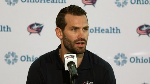 Columbus Blue Jackets forward Boone Jenner speaks with the media prior to training camp at Nationwide Arena.