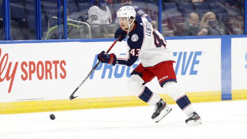 Apr 25, 2021; Tampa, Florida, USA; Columbus Blue Jackets defenseman Mikko Lehtonen (43) skates with the puck against the Tampa Bay Lightning during the second period at Amalie Arena.