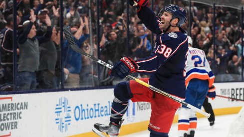 Oct 19, 2019; Columbus, OH, USA; Columbus Blue Jackets center Boone Jenner (38) celebrates scoring a goal against the New York Islanders in the second period at Nationwide Arena.