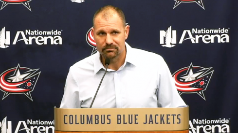 Brad Larsen speaks to the media after the Blue Jackets' 8-2 win on Opening Night.