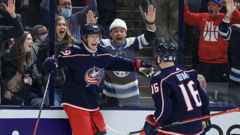 Patrik Laine celebrates his overtime game-winner as the Columbus Blue Jackets move to 2-0-0 on the season with a 2-1 victory over the Seattle Kraken.