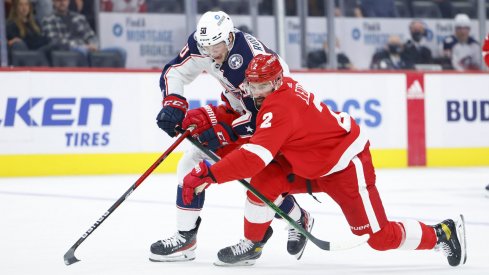 Oct 19, 2021; Detroit, Michigan, USA; Columbus Blue Jackets left wing Eric Robinson (50) and Detroit Red Wings defenseman Nick Leddy (2) battle for the puck in the first period at Little Caesars Arena.