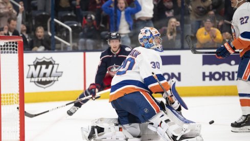 Patrik Laine scores a goal for the Columbus Blue Jackets against the New York Islanders at Nationwide Arena.