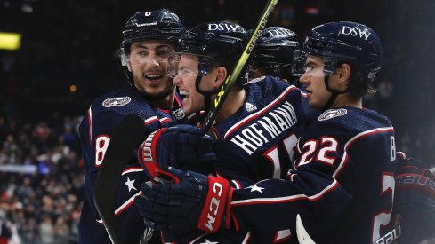 Oct 25, 2021; Columbus, Ohio, USA; Columbus Blue Jackets centerGregory Hofmann (15) celebrates a goal against the Dallas Stars during the second period at Nationwide Arena.