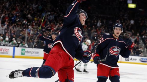 Columbus Blue Jackets' Gregory Hofmann celebrates his second period against the Dallas Stars at Nationwide Arena Monday night.