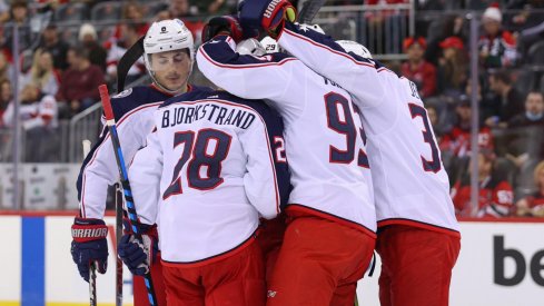 Oct 31, 2021; Newark, New Jersey, USA; The Columbus Blue Jackets celebrate a goal by Columbus Blue Jackets right wing Oliver Bjorkstrand (28) against the New Jersey Devils during the first period at Prudential Center.