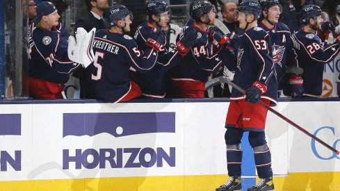 Nov 6, 2021; Columbus, Ohio, USA; Columbus Blue Jackets defenseman Gabriel Carlsson (53) celebrates a goal against the Colorado Avalanche during the first period at Nationwide Arena.