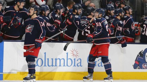 Nov 6, 2021; Columbus, Ohio, USA; Columbus Blue Jackets right wing Yegor Chinakhov (59) celebrates after a goal against the Colorado Avalanche during the third period at Nationwide Arena.